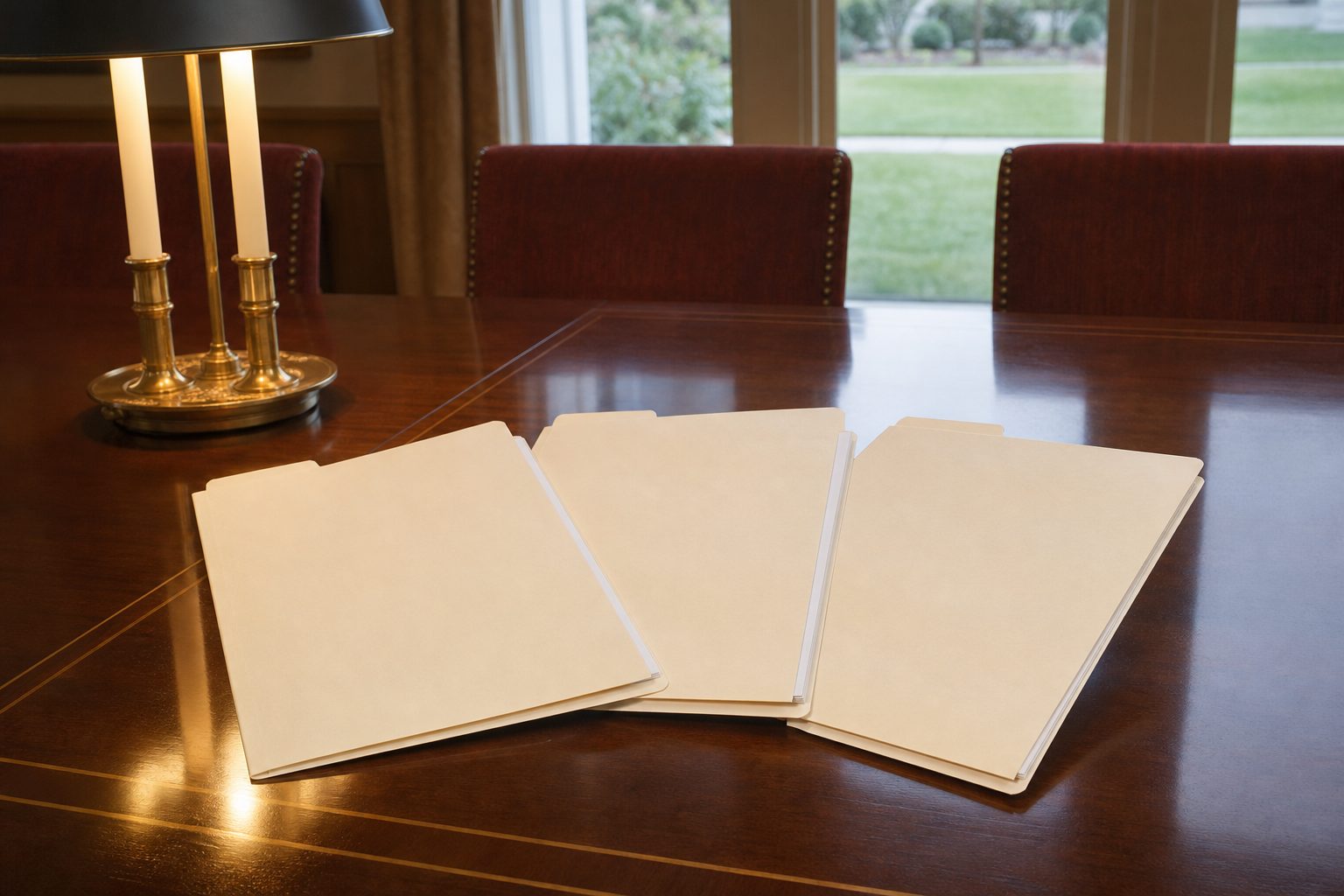 Three cream case folders fanned across a clubhouse boardroom table under warm lamp light