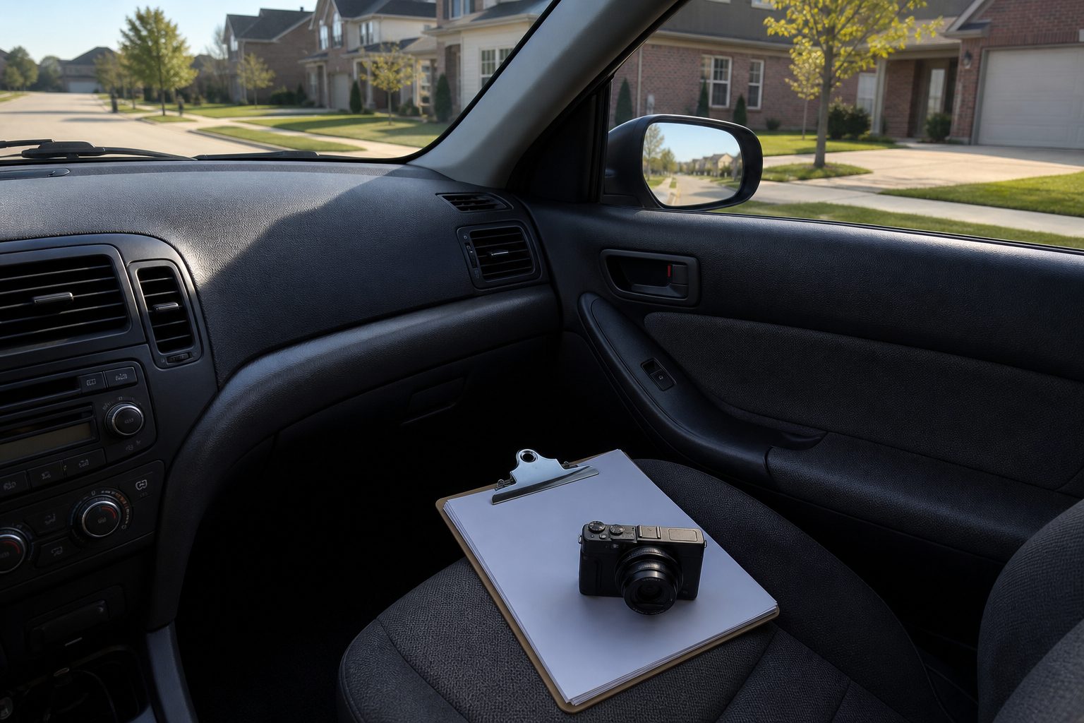 Clipboard and camera on a car passenger seat with a subdivision street seen through the windshield