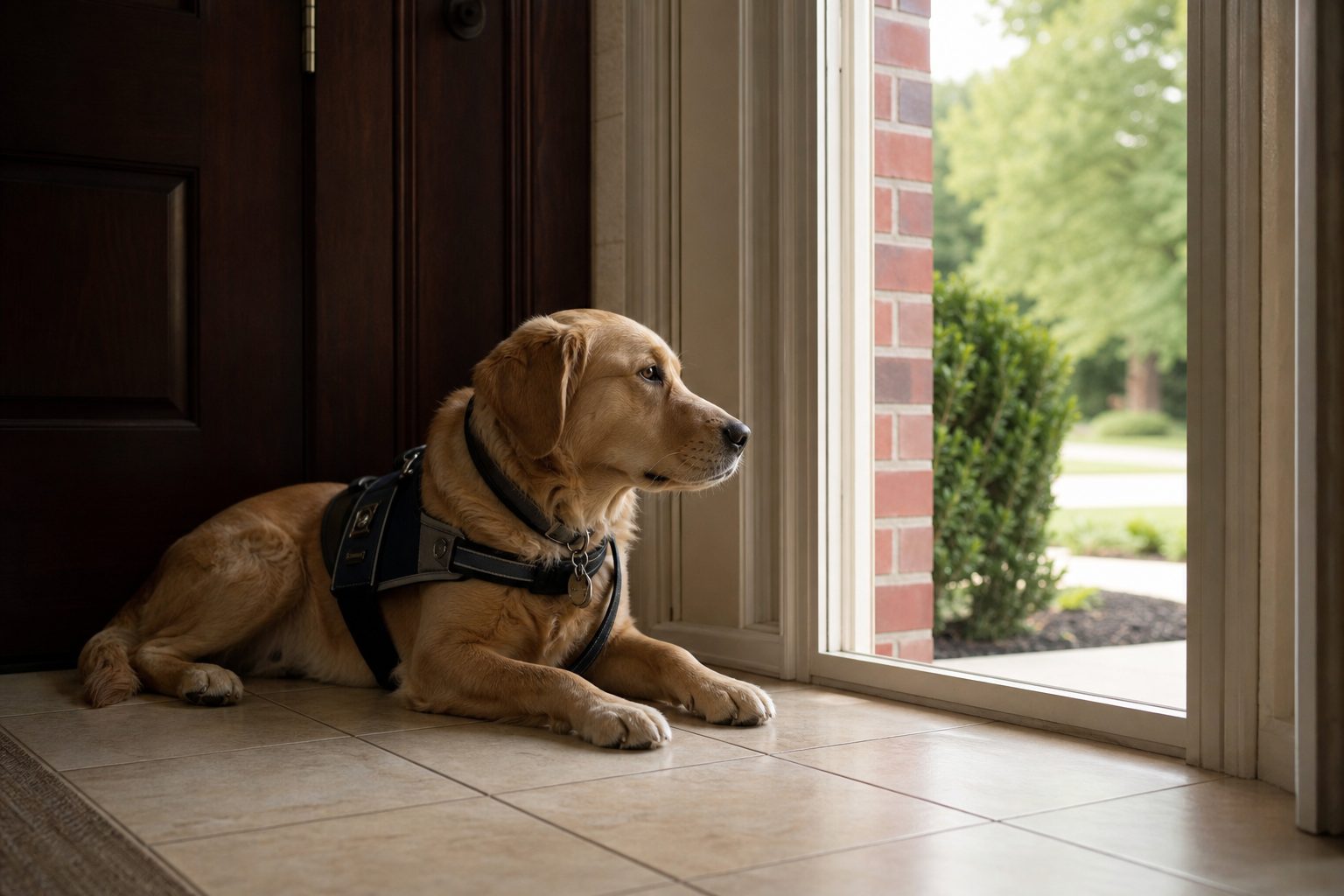 A service dog resting on a cream tiled entryway beside a brick framed residential front door