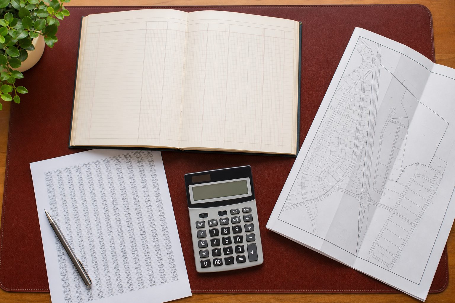 Ledger, printed figures, calculator and a folded subdivision plat map arranged on a desk