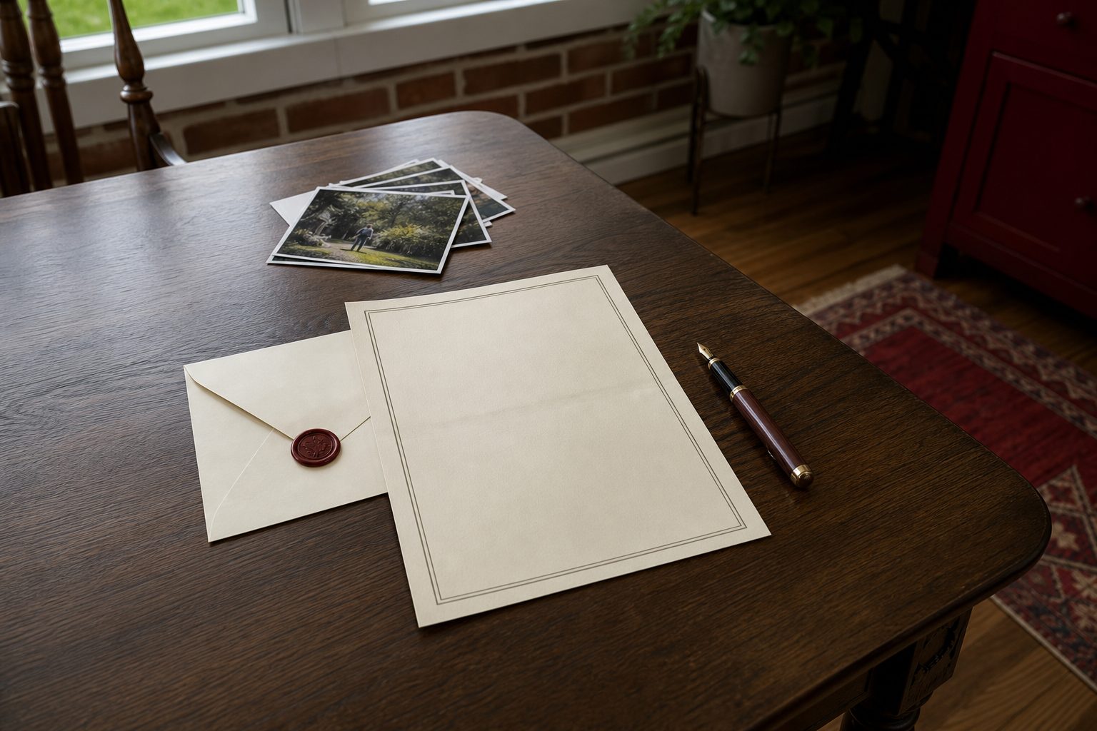 Cream violation notice letter, stamped envelope and photo prints laid out on a dining table