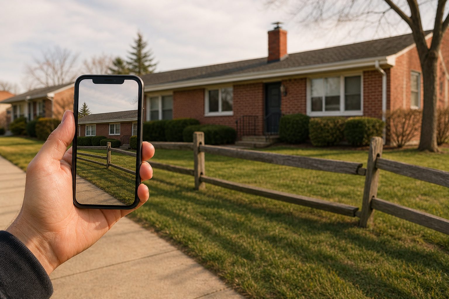 Hand holding a phone from the sidewalk to photograph a leaning fence beside a brick house