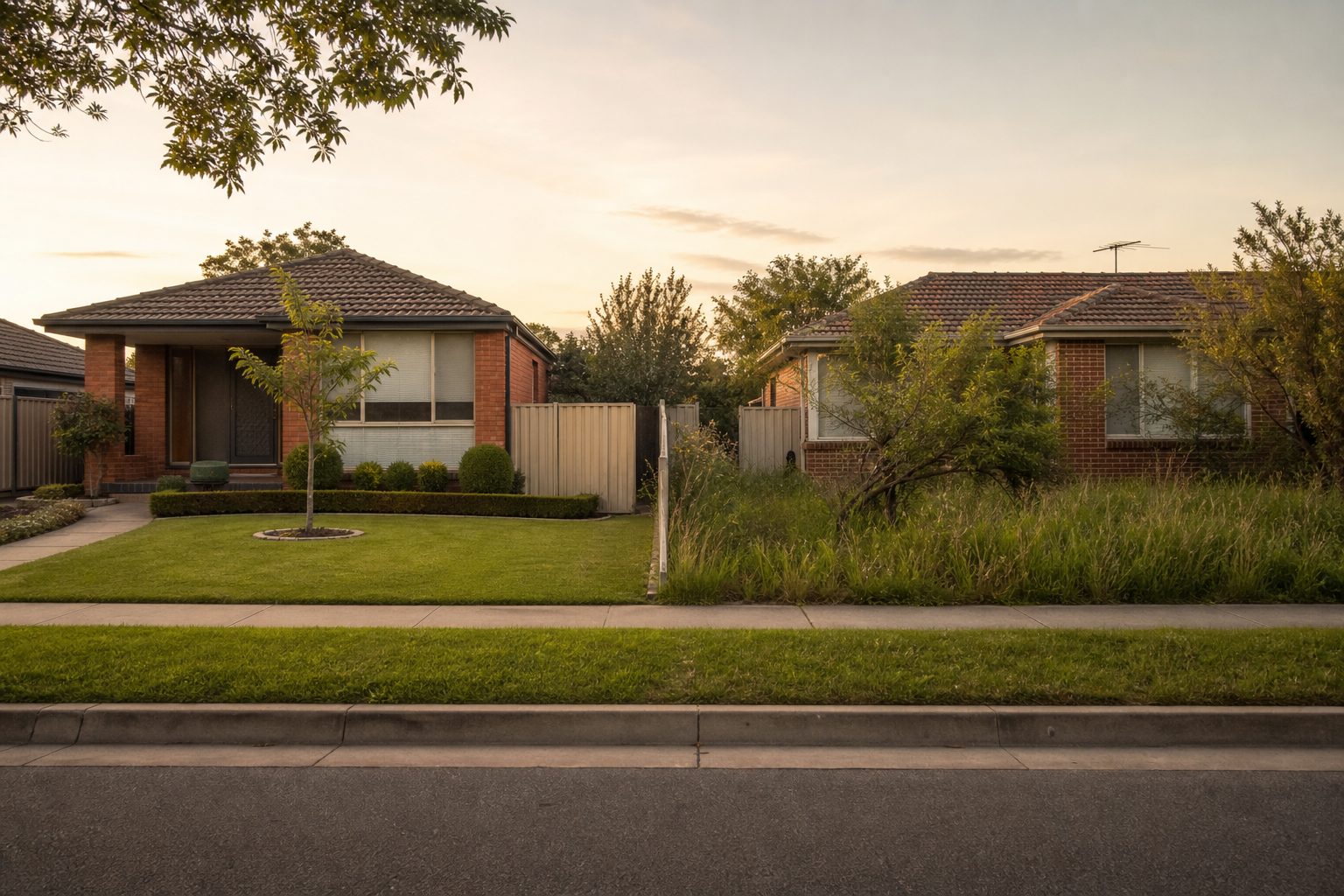A tidy front yard beside an overgrown one on the same suburban street at golden hour