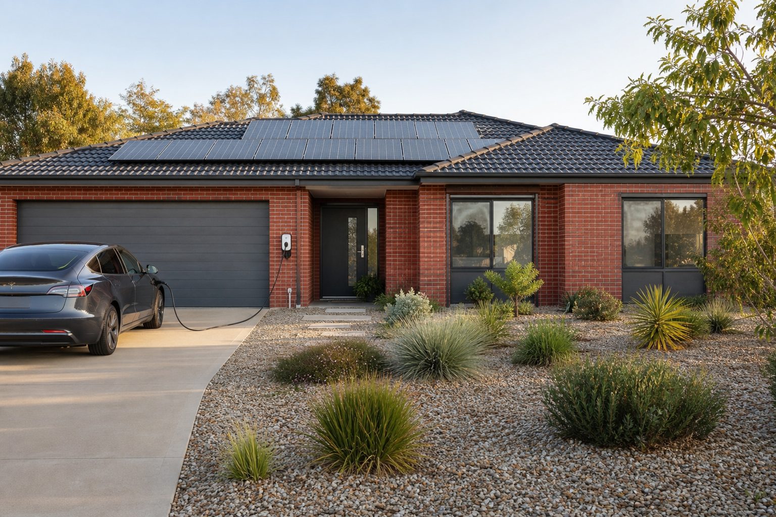 Brick suburban house with rooftop solar panels, a charging electric car and a xeriscaped yard