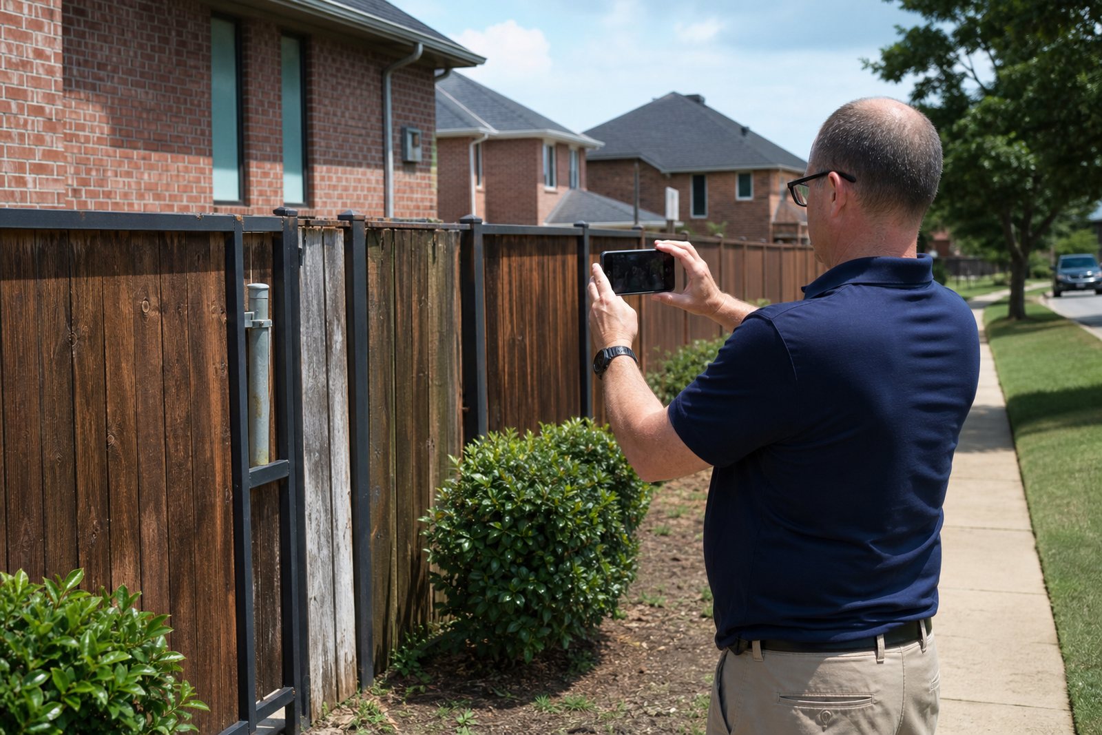 An HOA board volunteer photographing a fence issue on a phone while walking a suburban street of brick houses and trimmed lawns