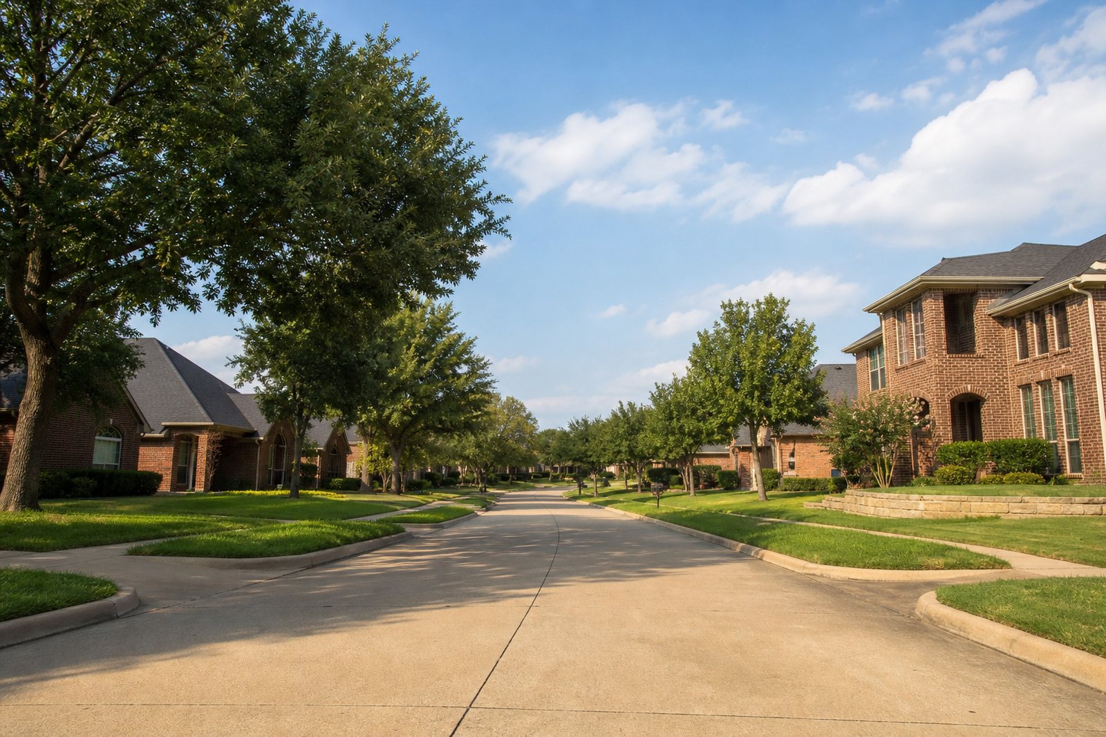 A suburban American neighborhood street with brick houses, trimmed lawns and mature trees on a clear afternoon